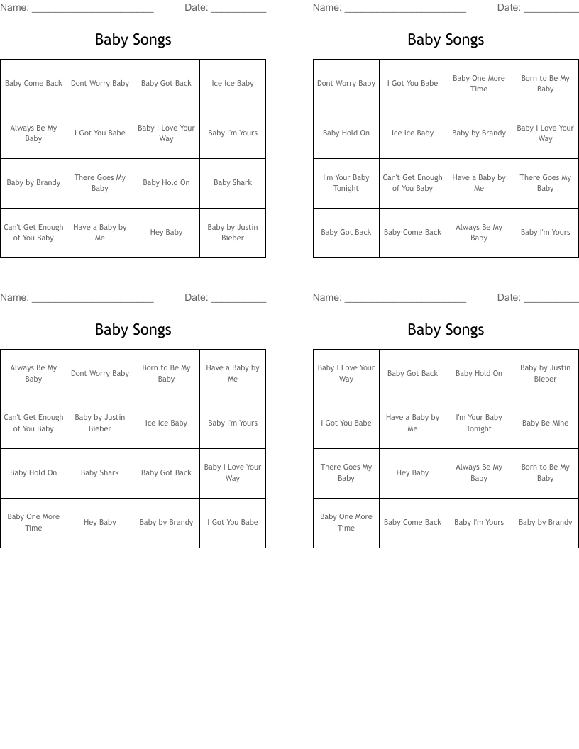 Baby Songs Bingo Cards