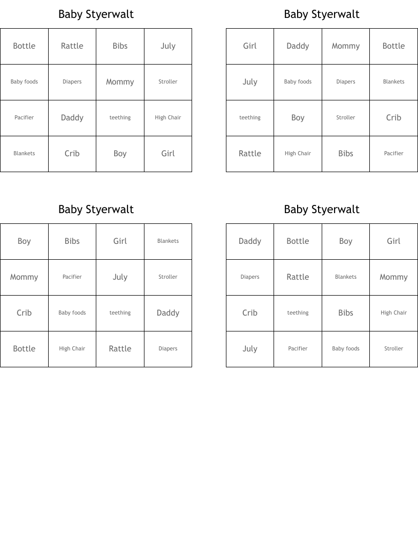 Baby Styerwalt Bingo Cards