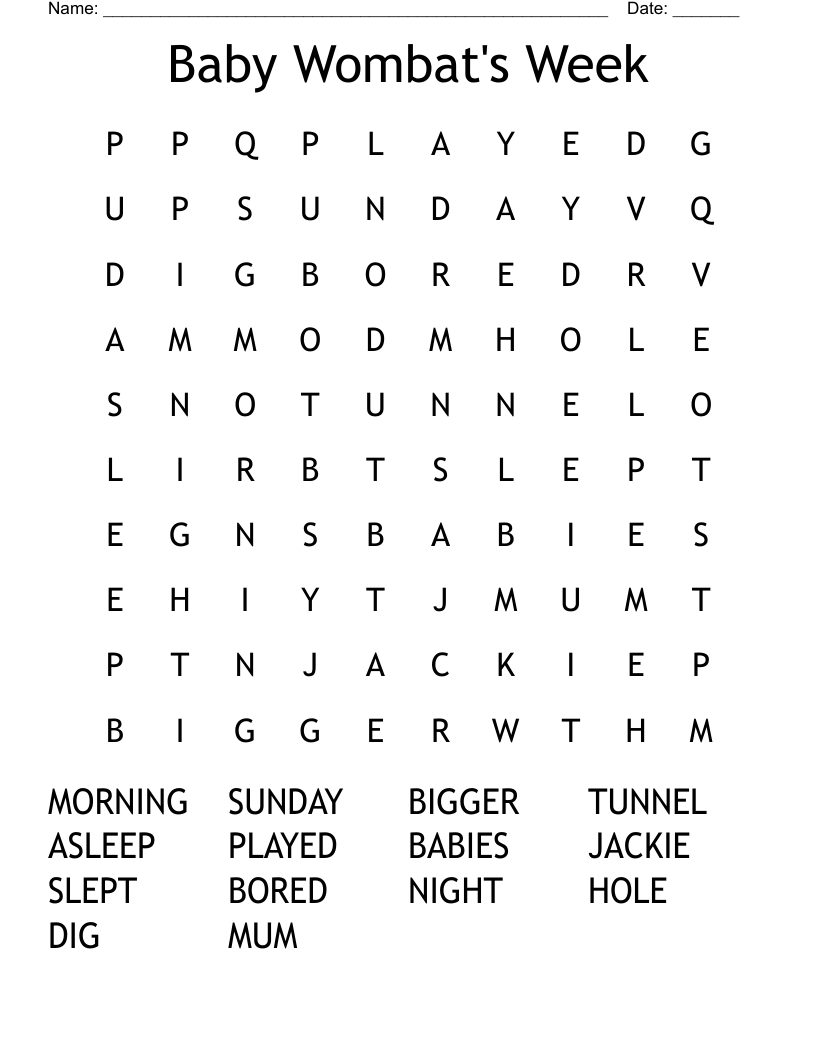 Baby Wombat's Week Word Search