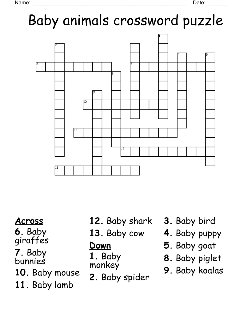 Baby animals crossword puzzle 