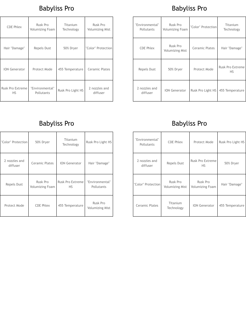 Babyliss Pro Bingo Cards