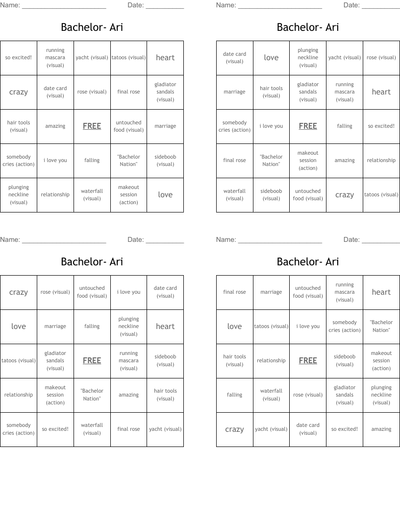 Bachelor- Ari Bingo Cards