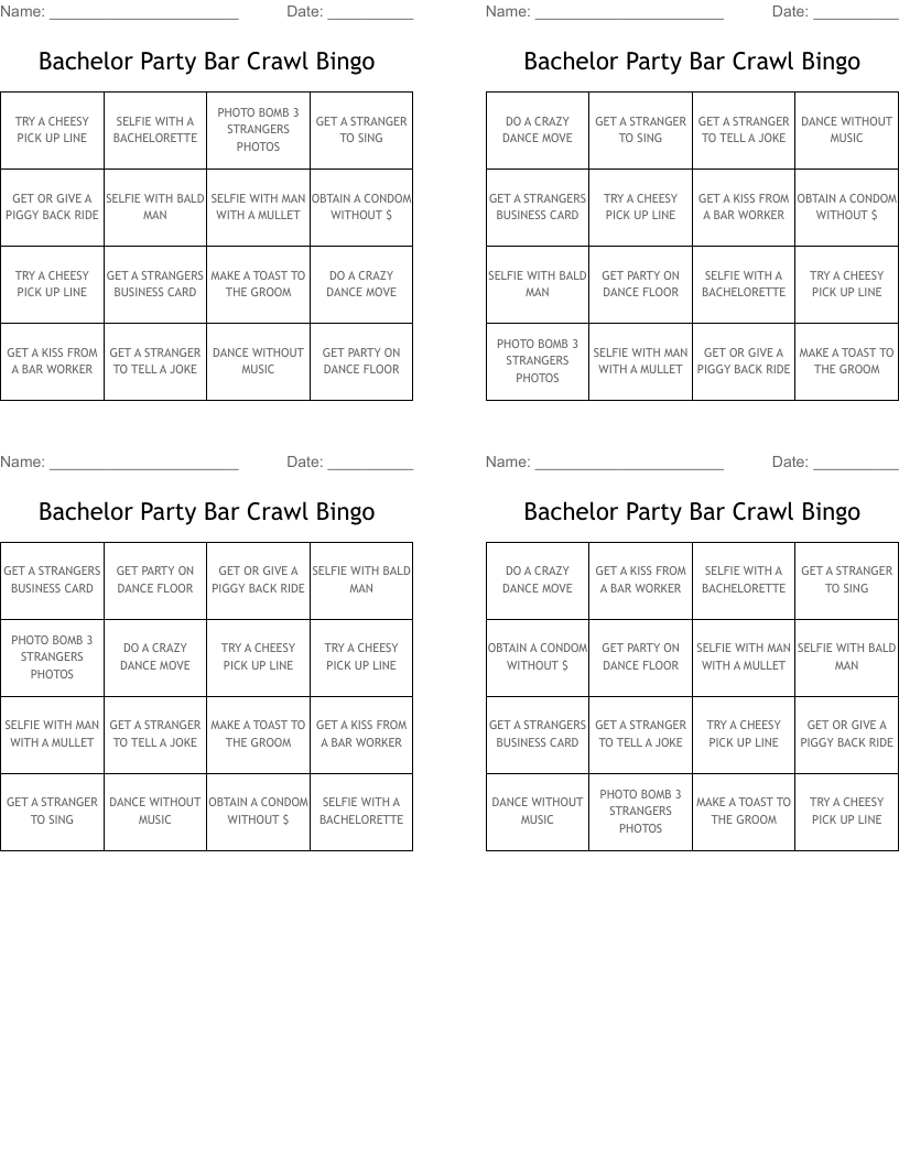 Bachelor Party Bar Crawl Bingo