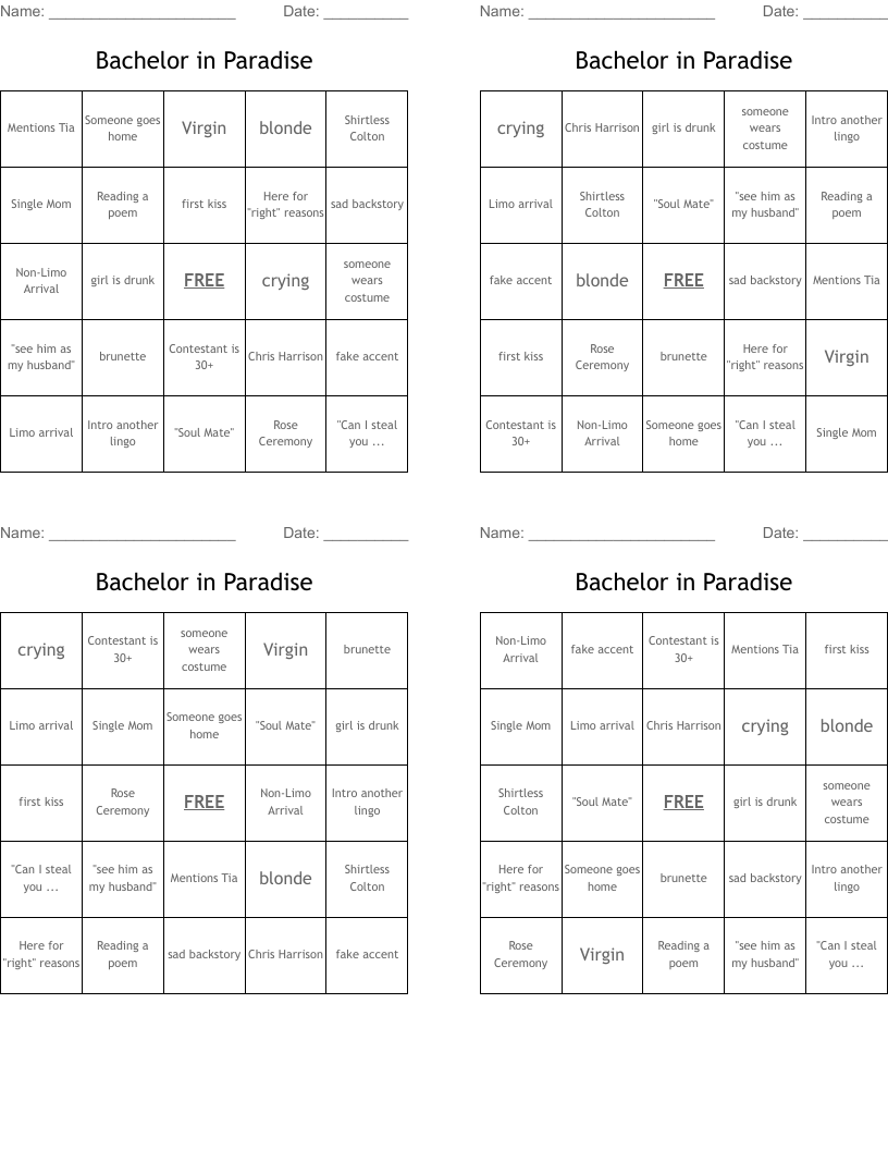 Bachelor in Paradise Bingo Cards