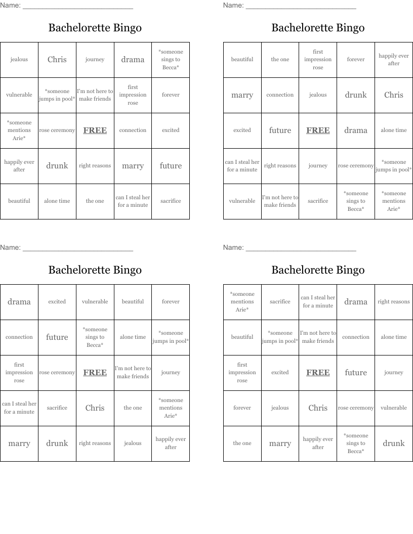 Bachelorette Bingo