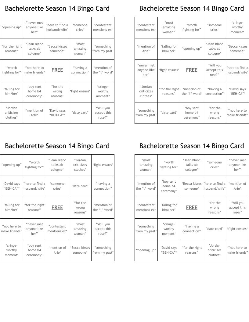 Bachelorette Season 14 Bingo Card