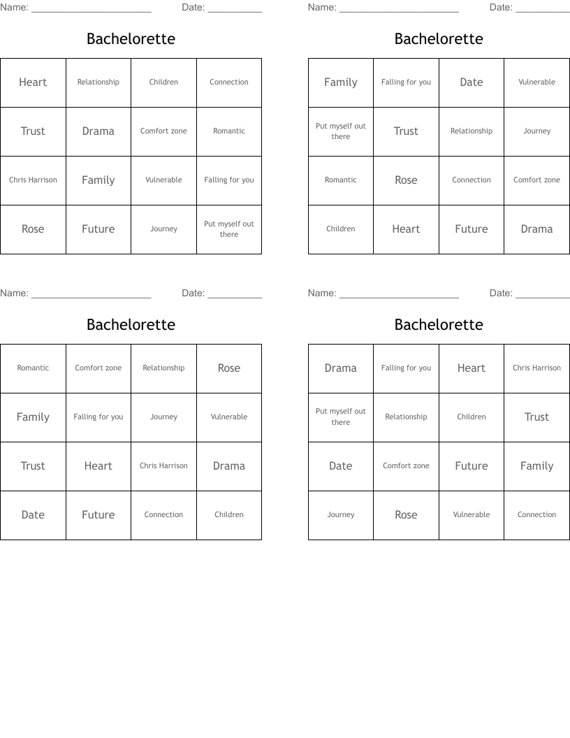 Bachelorette  Bingo Cards