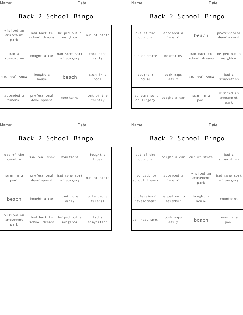 Back 2 School Bingo