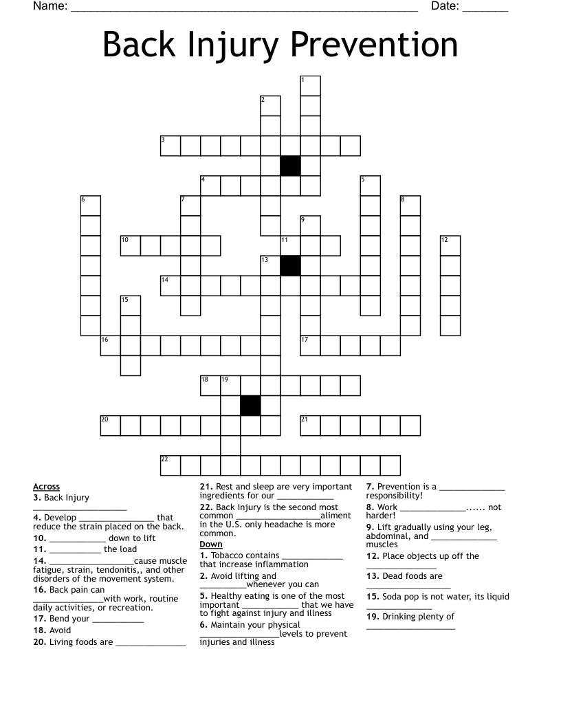 Back Injury Prevention Crossword