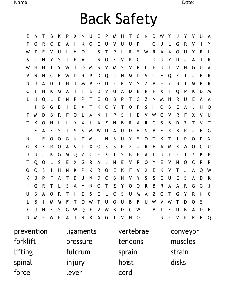 Back Safety Word Search