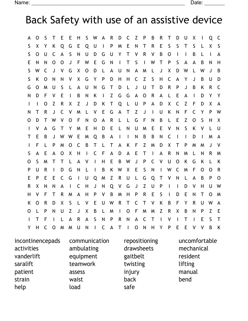 Back Safety with use of an assistive device Word Search