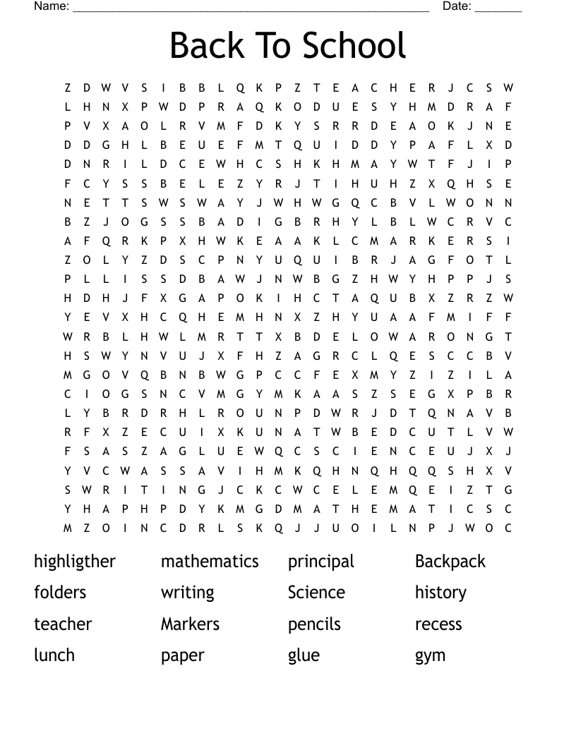 Back To School Word Search
