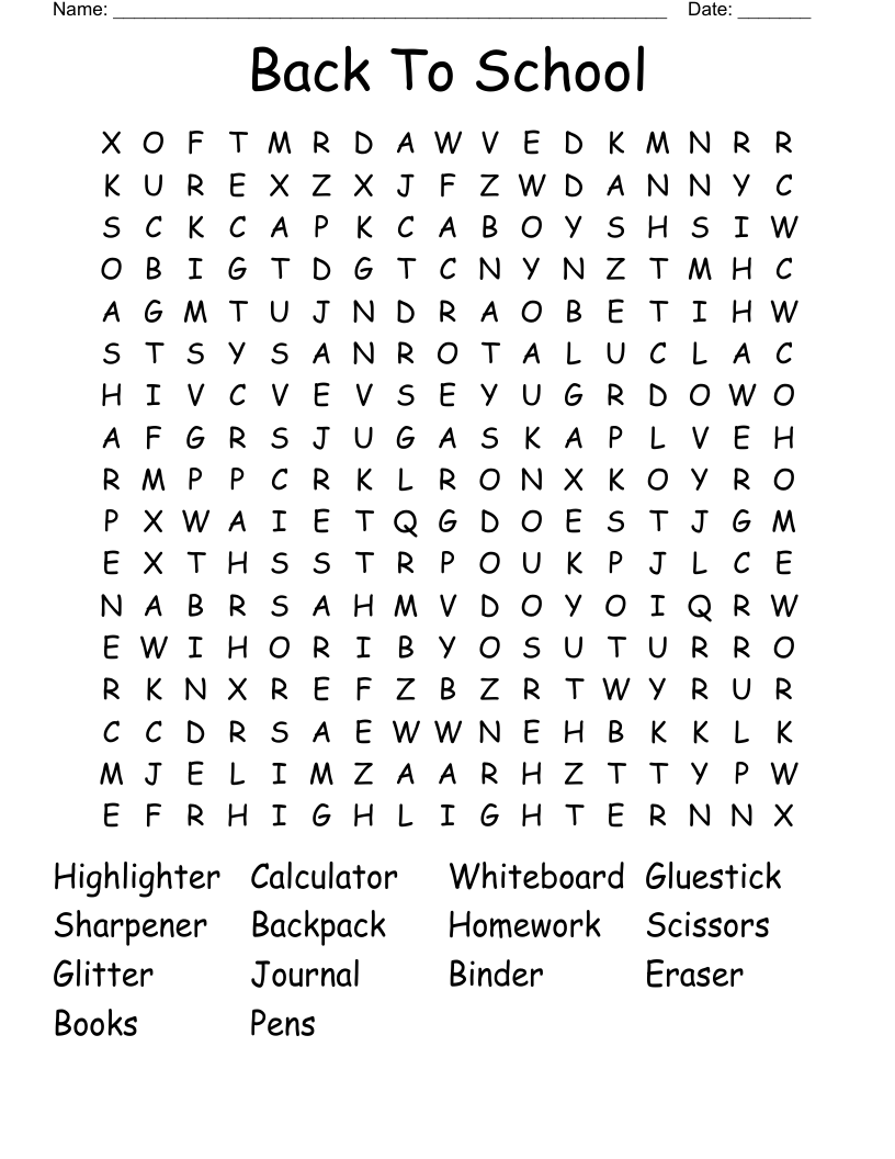 Back To School Word Search