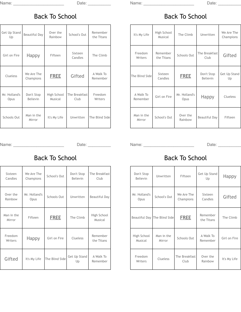 Back To School Bingo Cards