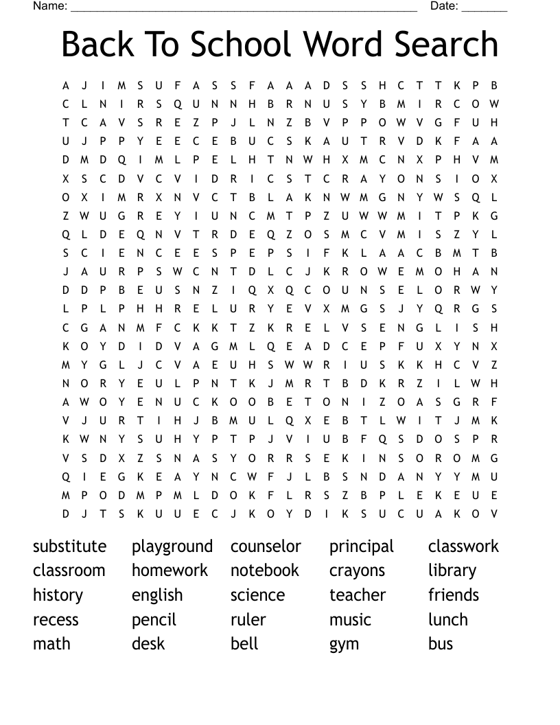 Back To School Word Search