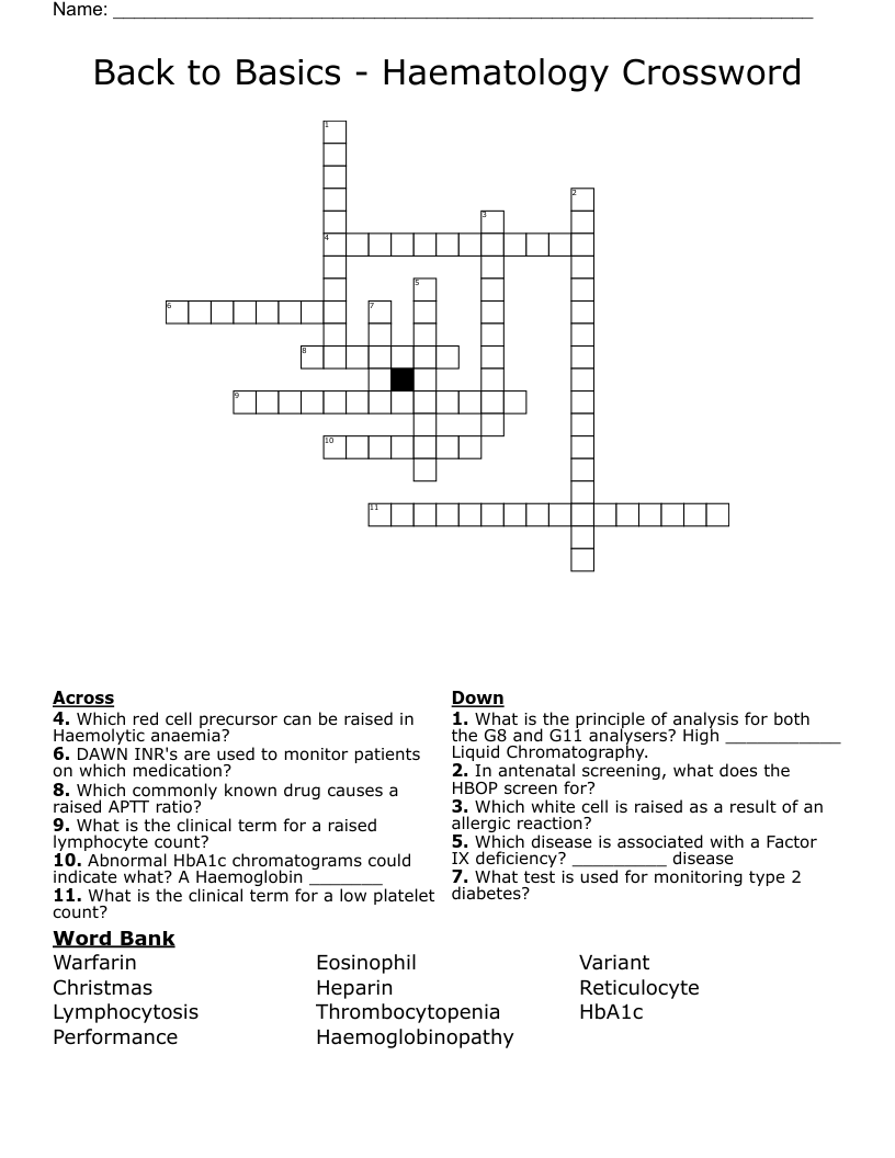 Back to Basics - Haematology Crossword