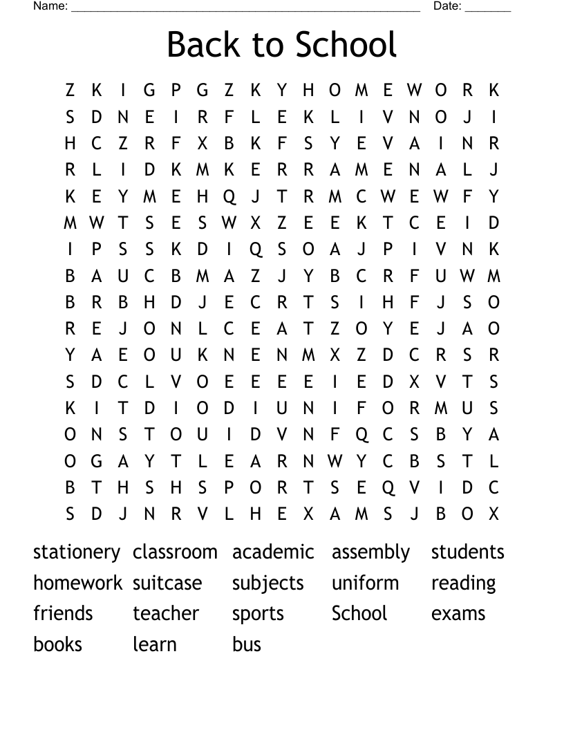 Back to School Word Search