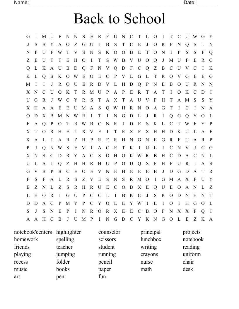 Back to School Word Search