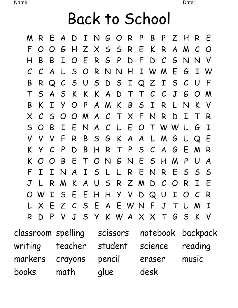 Back to School Word Search