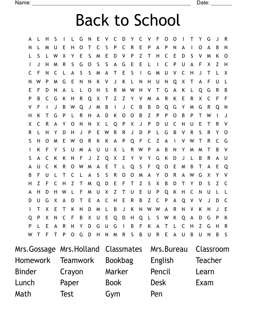 Back to School Word Search