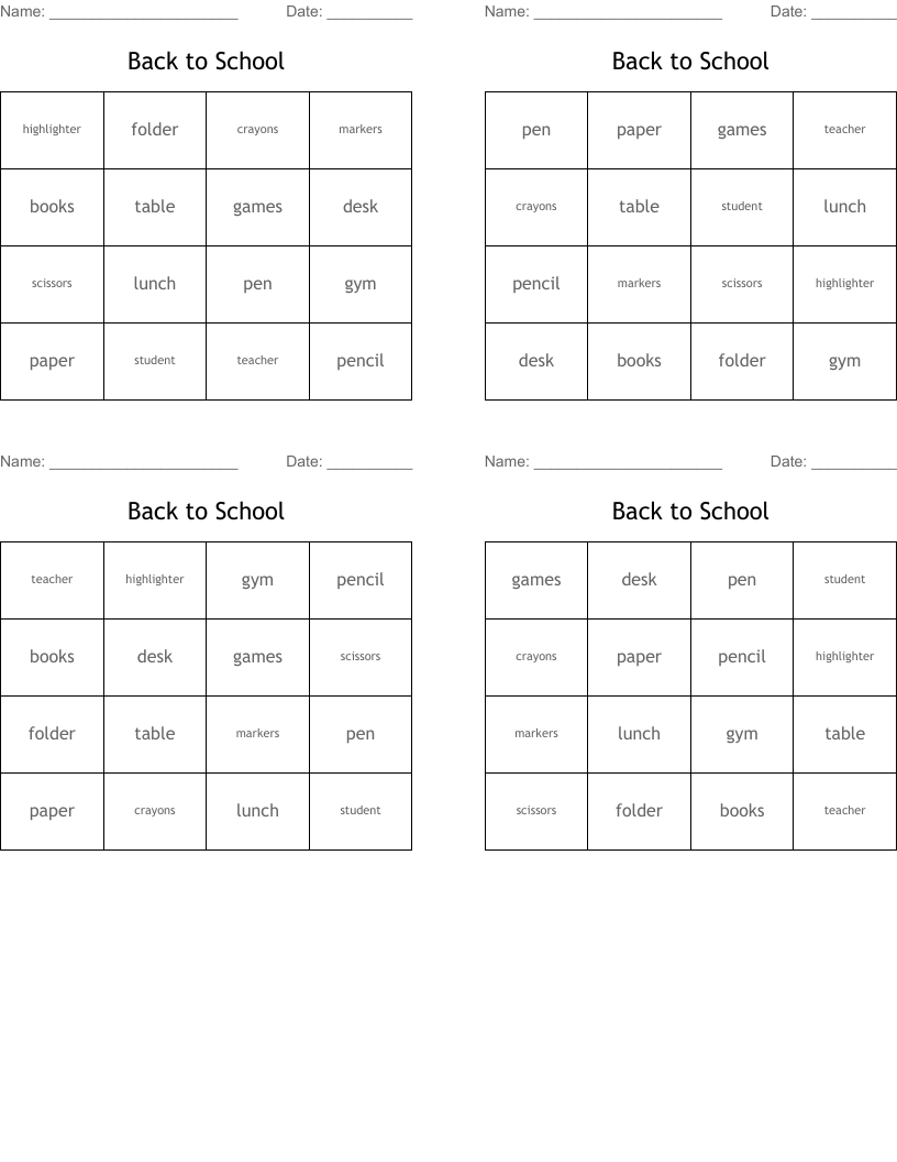 Back to School Bingo Cards
