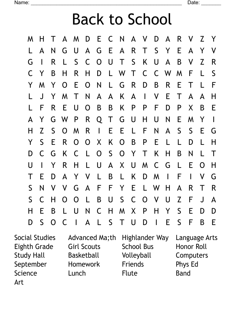 Back to School Word Search
