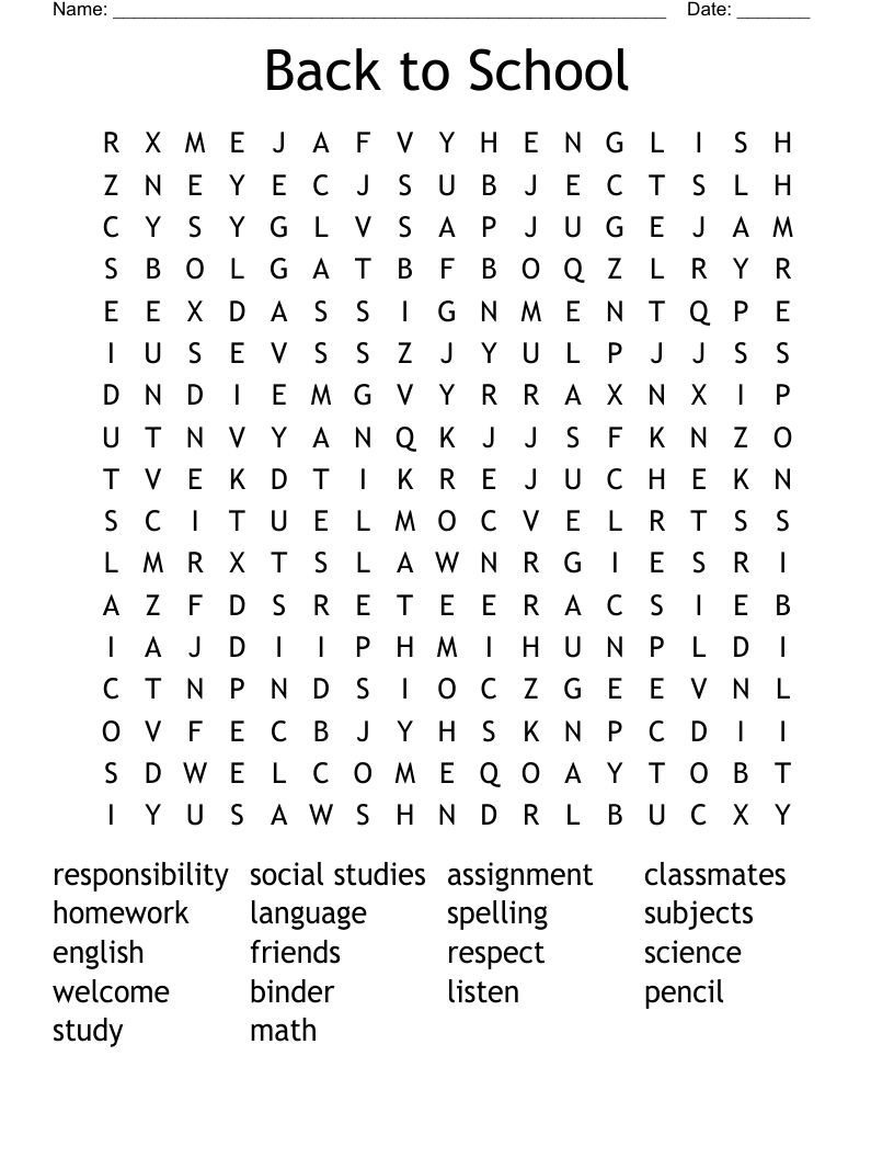Back to School Word Search