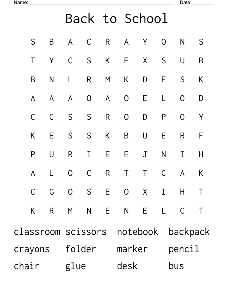 Back to School Word Search