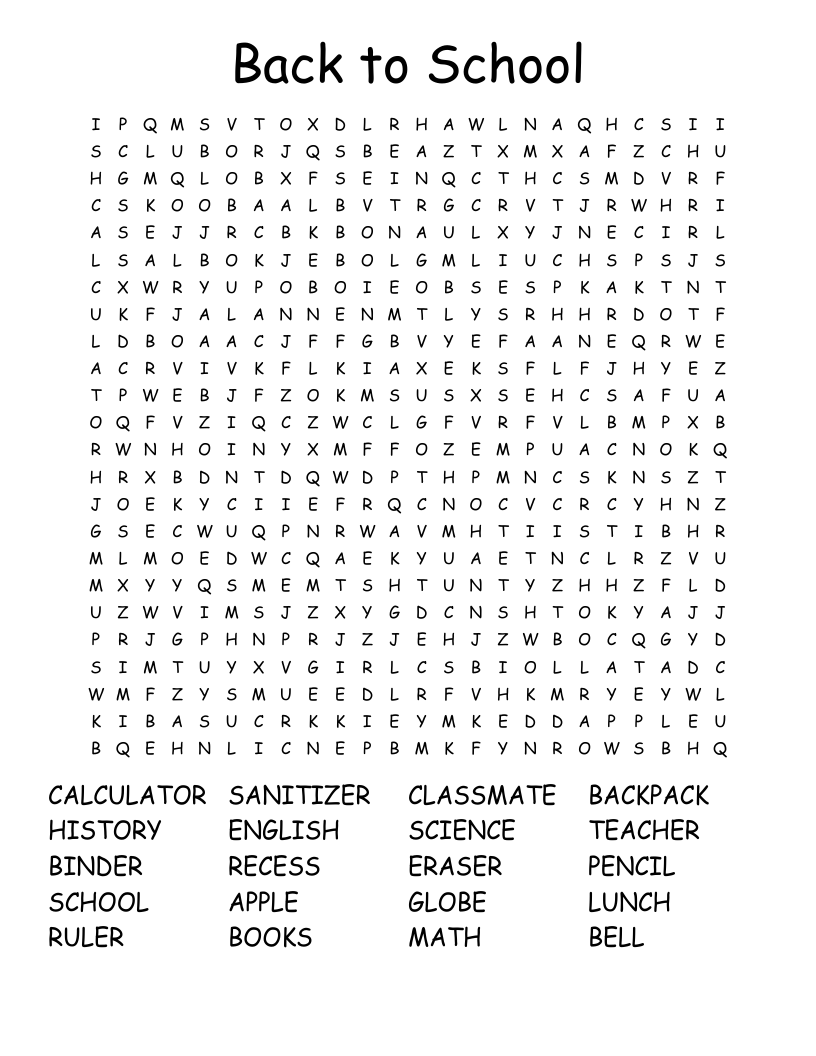 Back to School Word Search