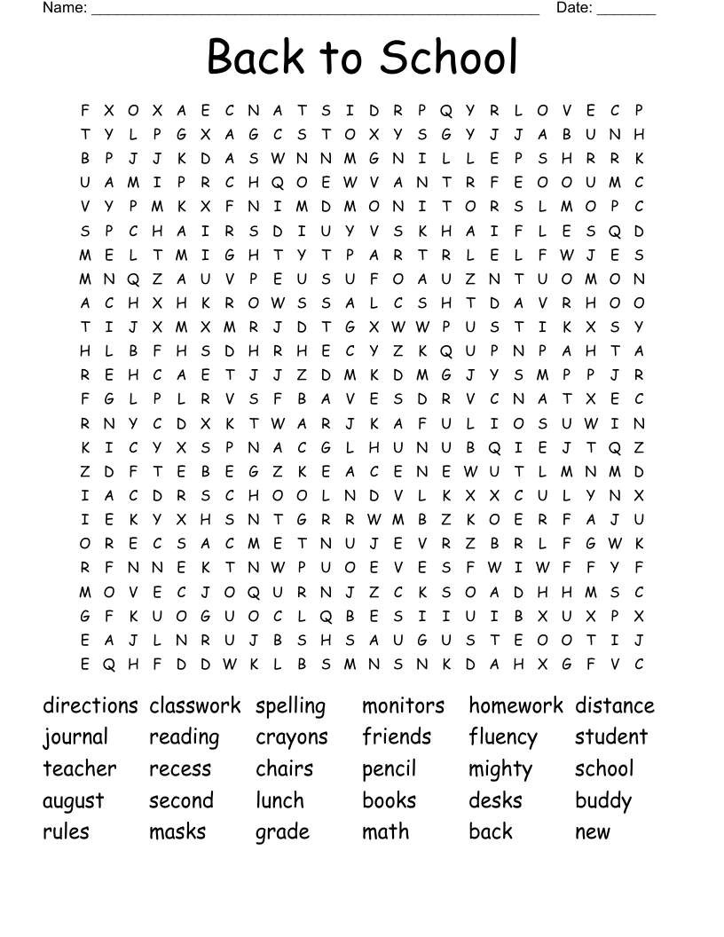 Back to School Word Search