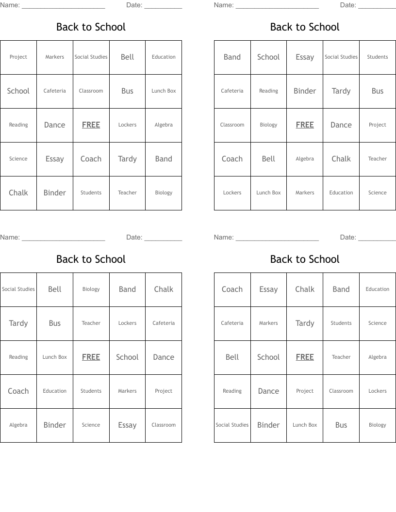 Back to School Bingo Cards