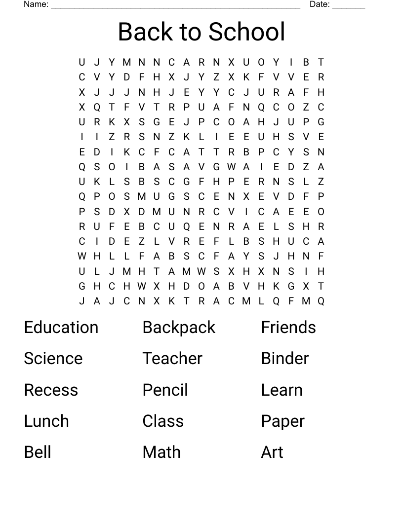 Back to School Word Search
