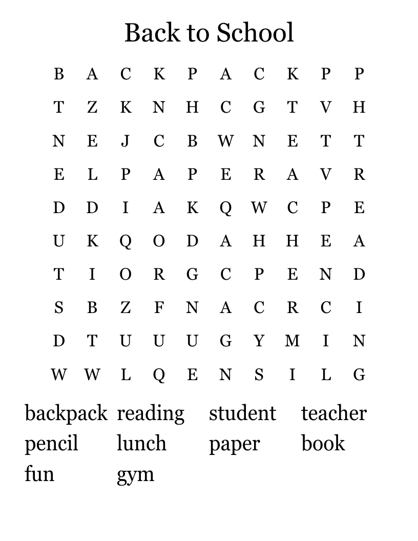 Back to School Word Search