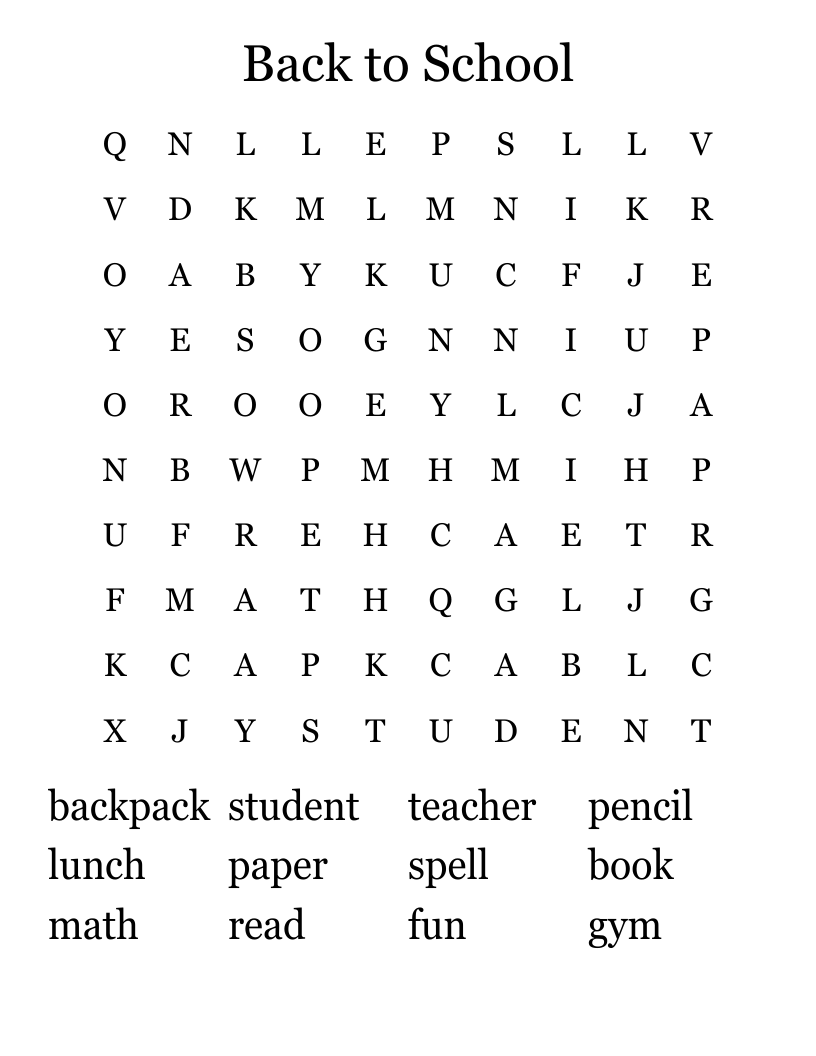 Back to School Word Search