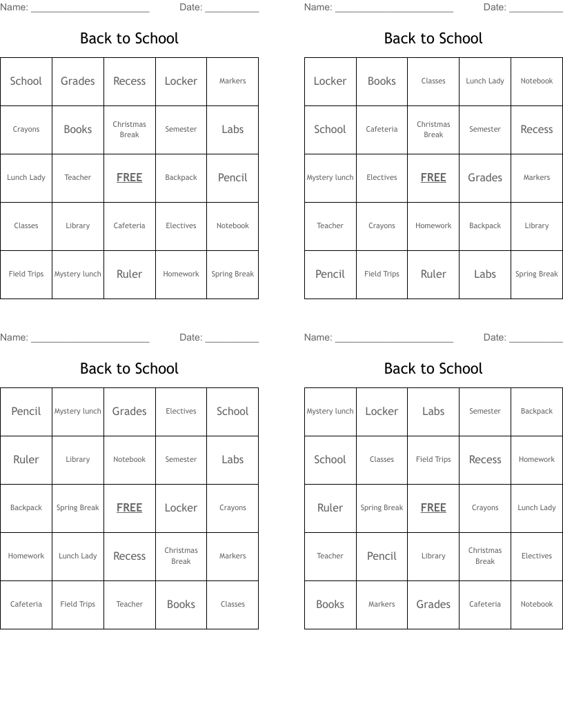 Back to School Bingo Cards