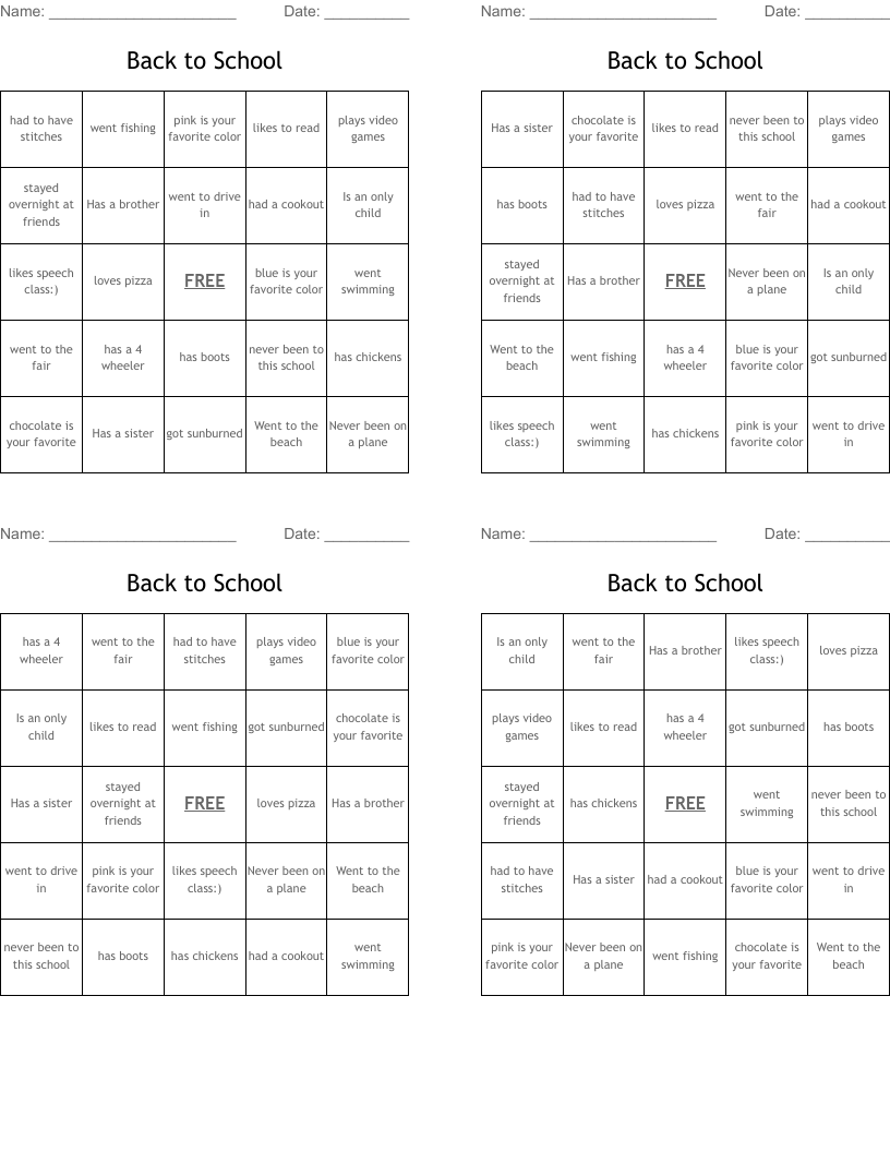 Back to School Bingo Cards
