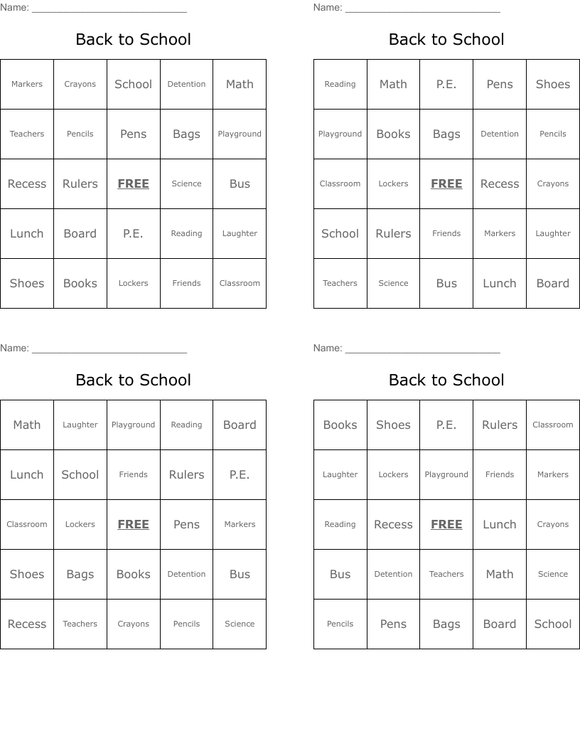Back to School Bingo Cards