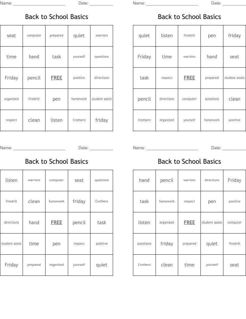 Back to School Basics Bingo Cards
