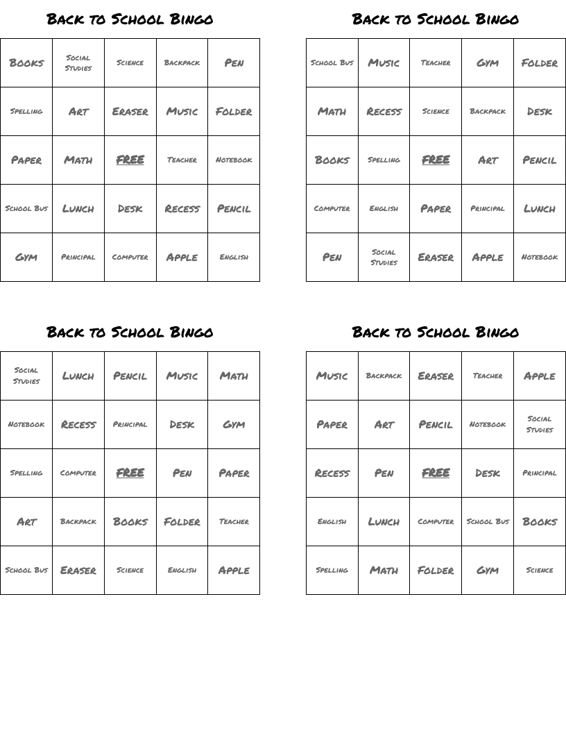 Back to School Bingo