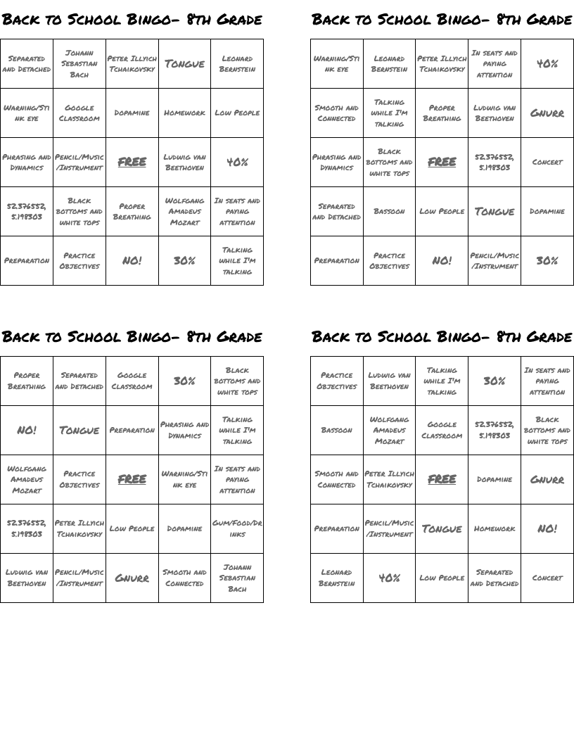 Back to School Bingo- 8th Grade