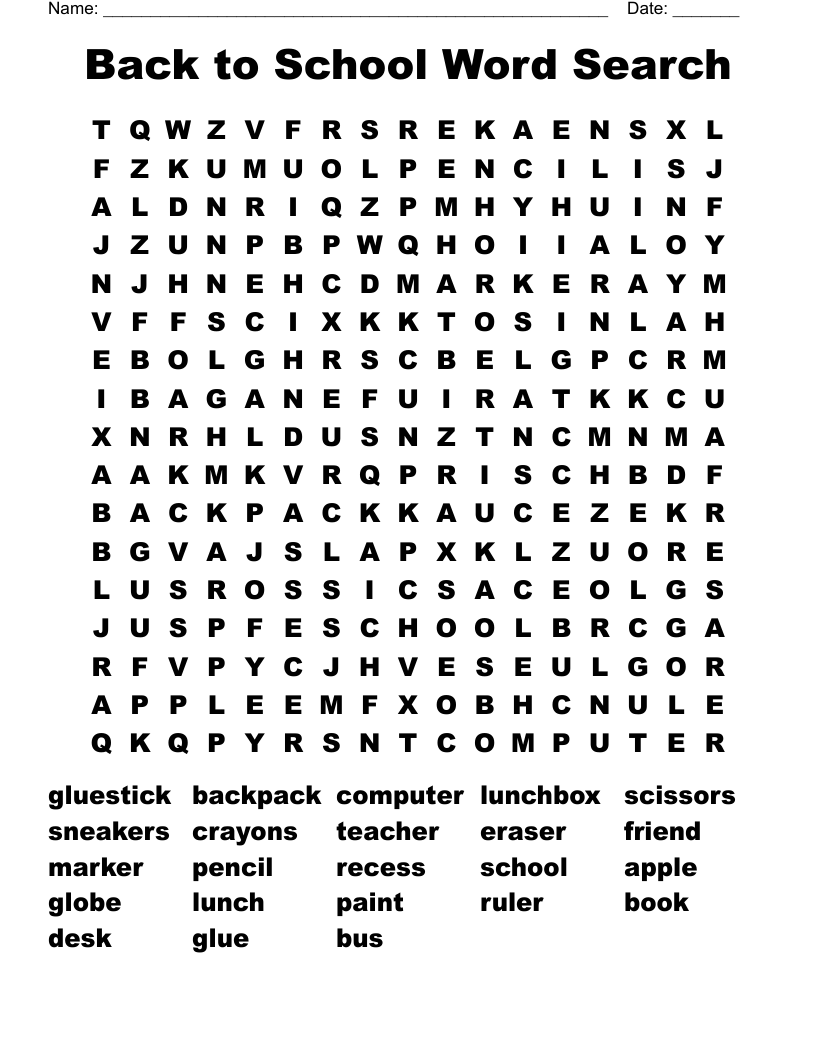 Back to School Word Search
