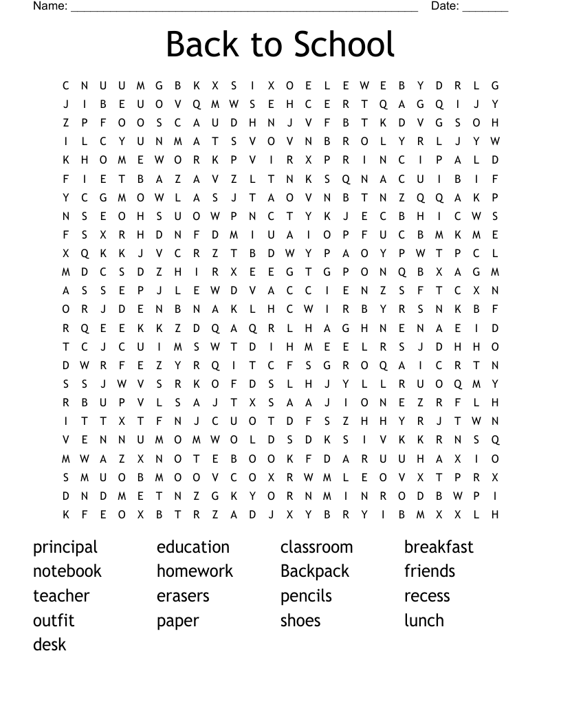 Back to School  Word Search