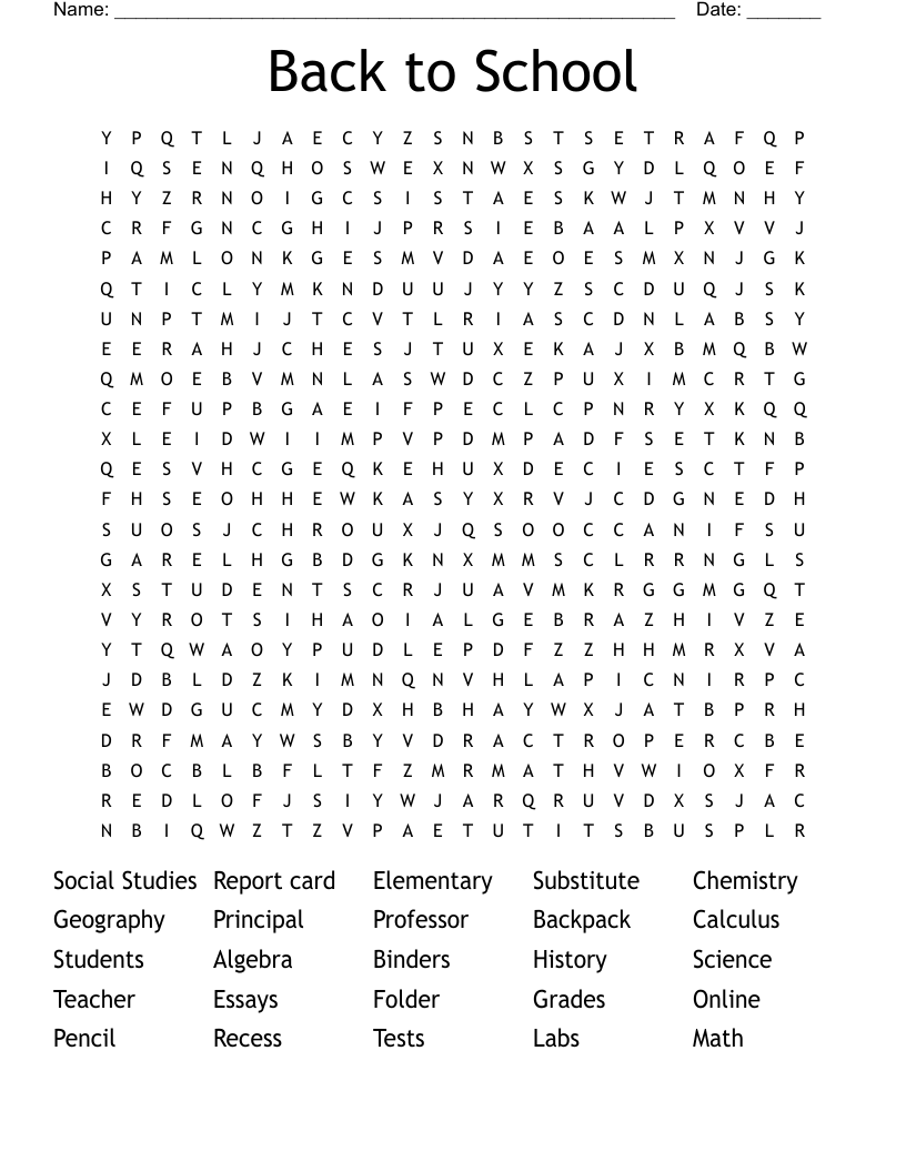 Back to School  Word Search