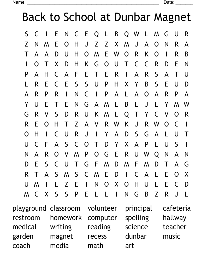 Back to School at Dunbar Magnet Word Search