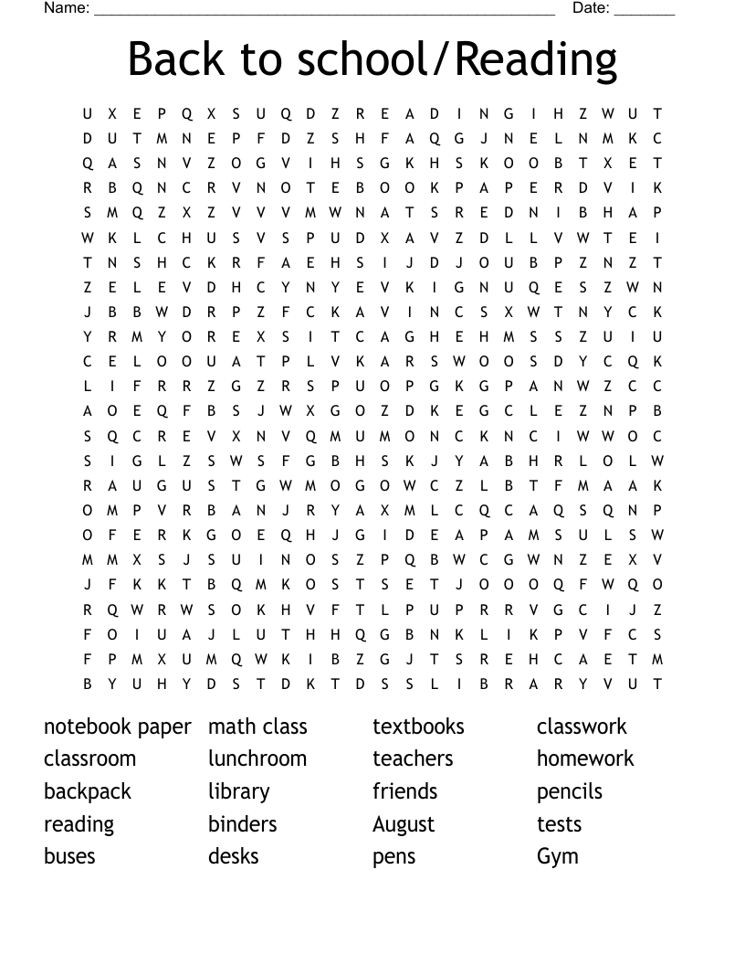 Back to school/Reading Word Search