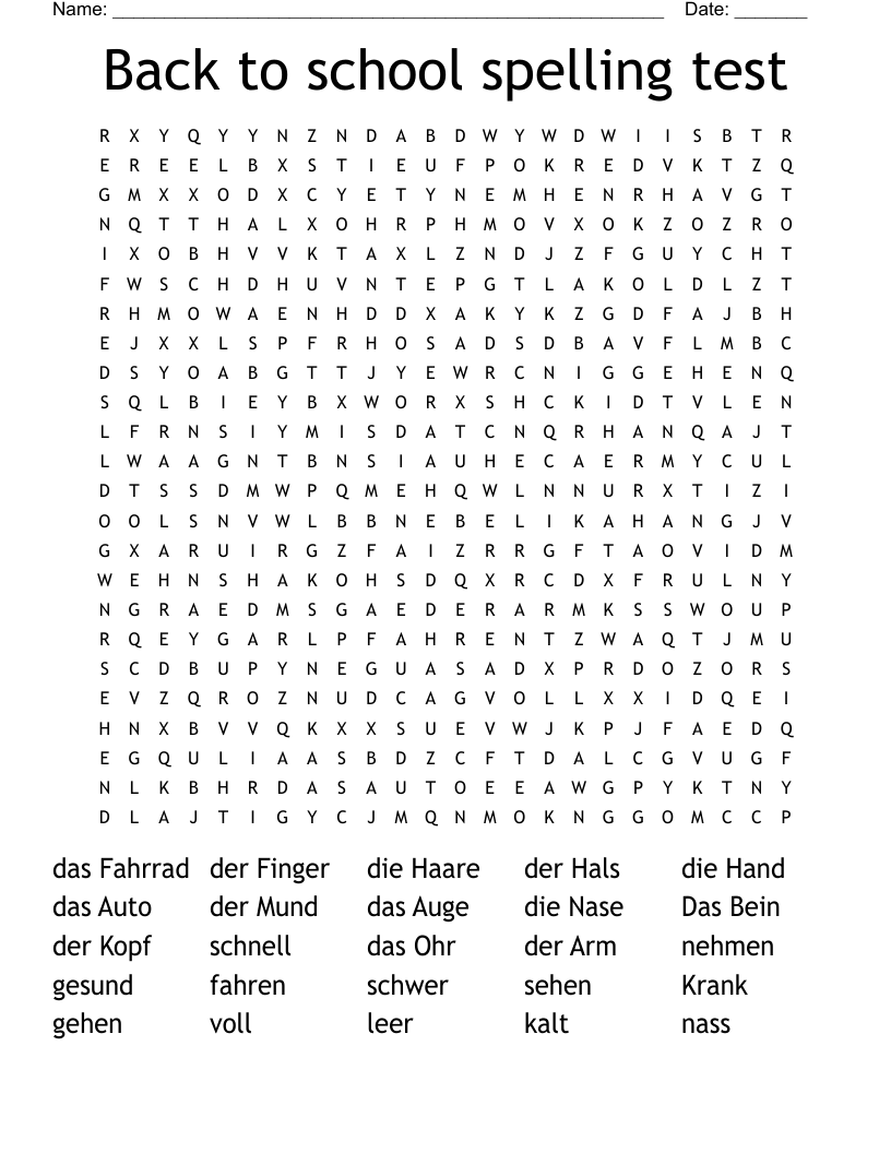 Back to school spelling test Word Search