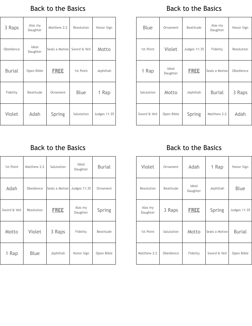 Back to the Basics Bingo Cards