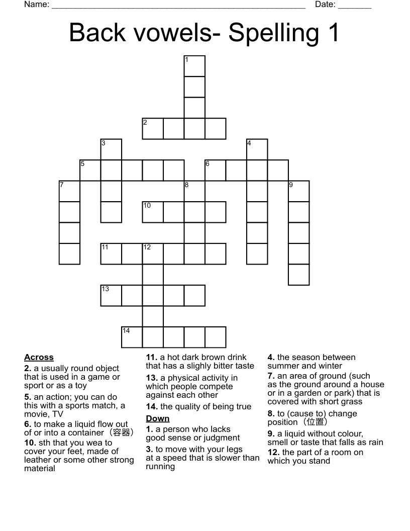 Back vowels- Spelling 1 Crossword