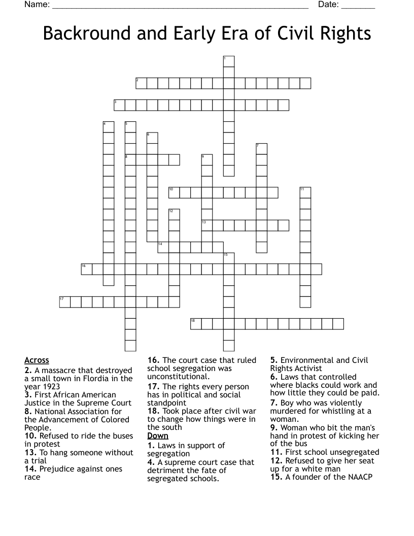 Backround and Early Era of Civil Rights Crossword