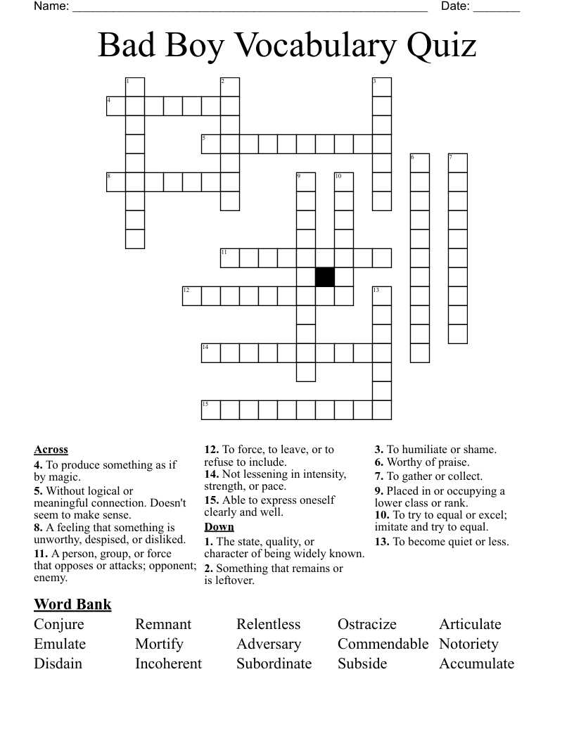Bad Boy Vocabulary Quiz Crossword